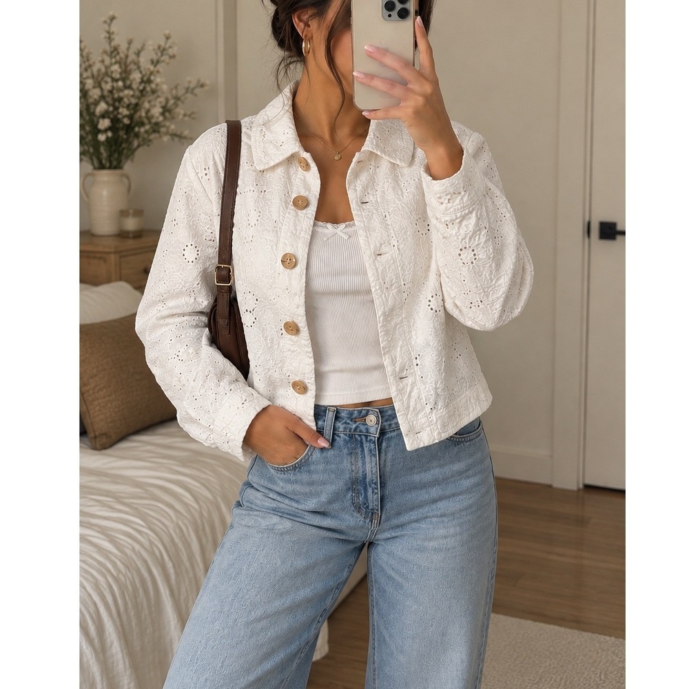 Coldwater Creek White Eyelet Embroidered Cropped Jacket Button Front